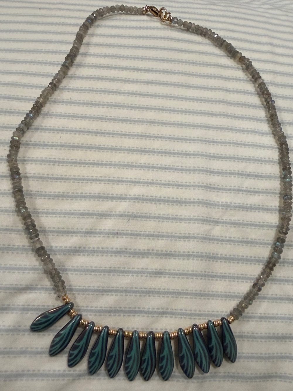 18k Gold Filled Beaded Necklace with Teal Leaf Pendants